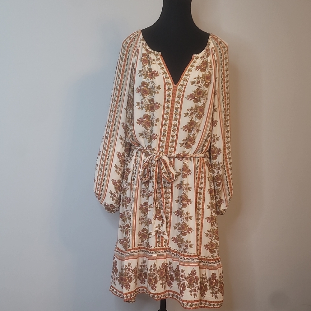 LOFT White and Brown Floral Long Sleeve Dress